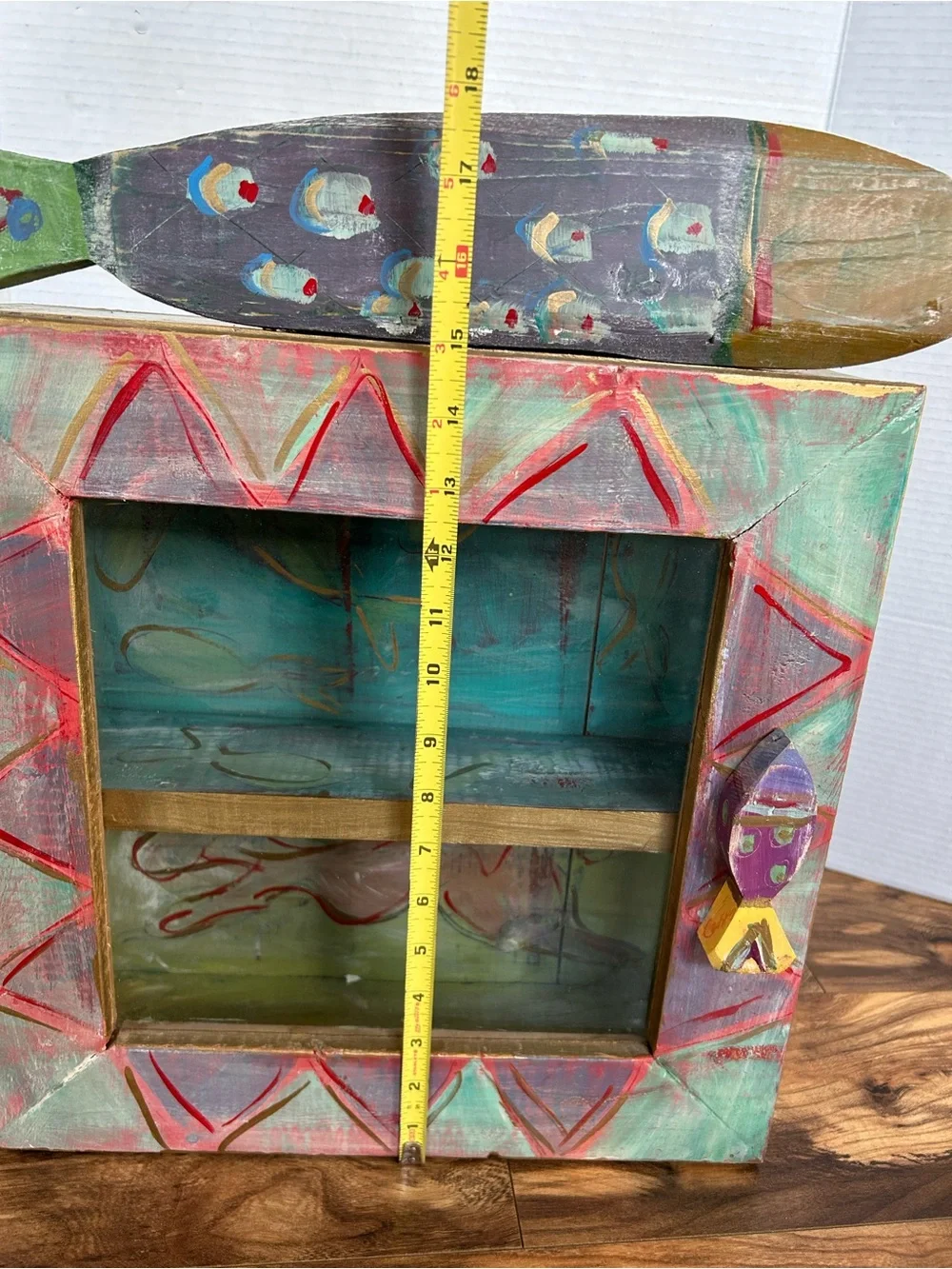 Hand Painted Folk Art Wall Cabinet Coastal Fish Motif Beach Rustic Wooden Shadow
